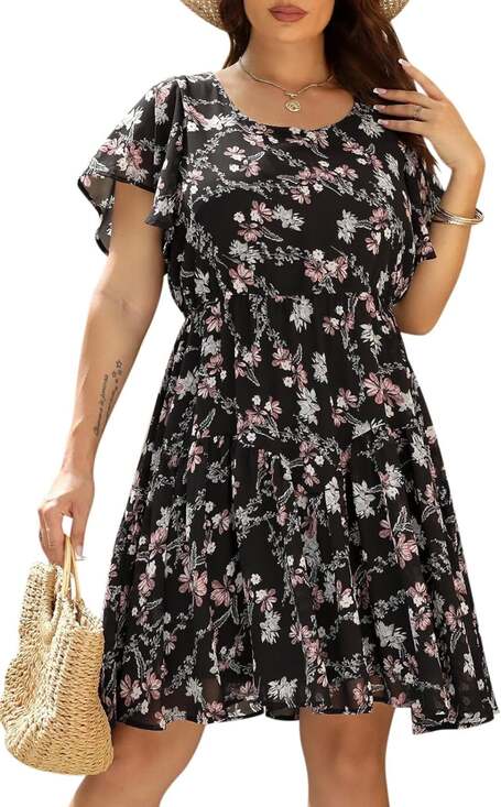 Nemidor Women Plus Size Summer Dress Floral Print Swing Boho V Neck Short Sleeve - Picture 1 of 5